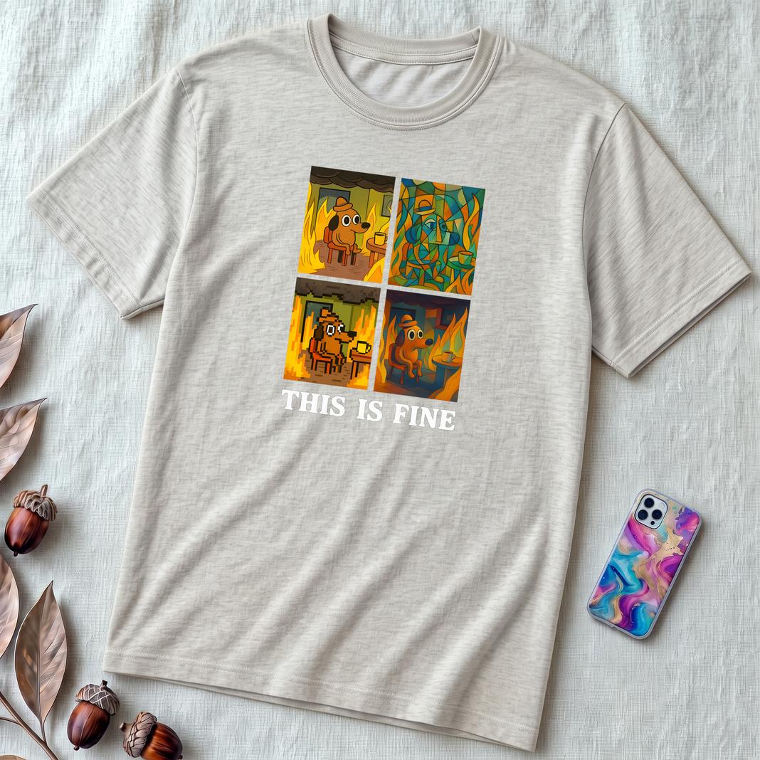 "This Is Fine, Everything Is Fine" I'm Fine Meme T-Shirt - Dog on Fire Graphic Tee - Ash unfolded t-shirt mockup