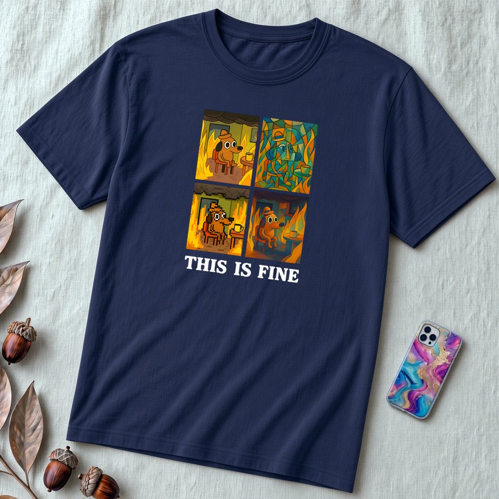 "This Is Fine, Everything Is Fine" I'm Fine Meme T-Shirt - Dog on Fire Graphic Tee - Navy unfolded t-shirt mockup