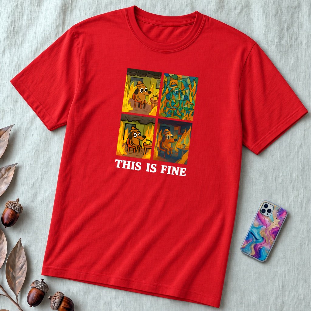 "This Is Fine, Everything Is Fine" I'm Fine Meme T-Shirt - Dog on Fire Graphic Tee - Red unfolded t-shirt mockup