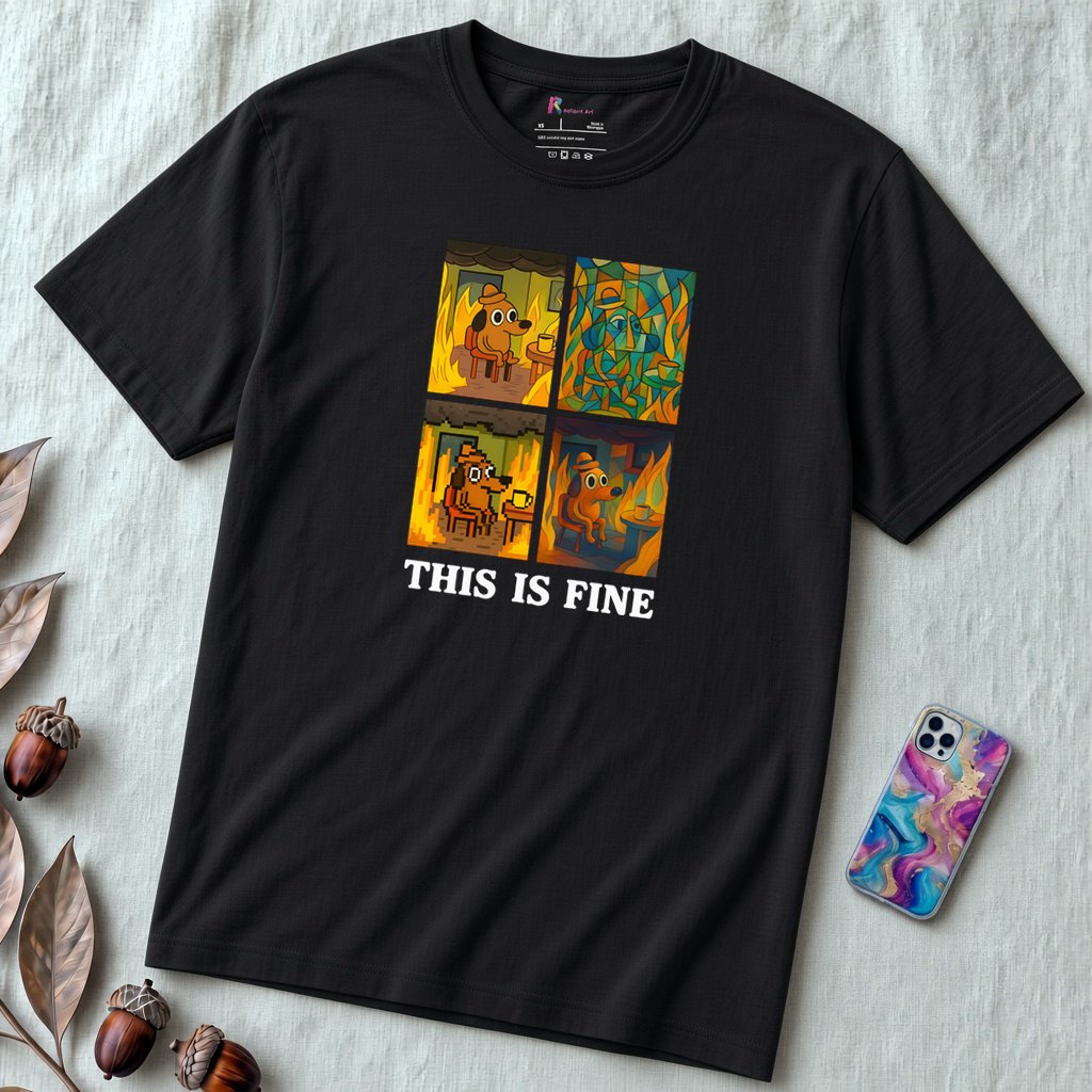 "This Is Fine, Everything Is Fine" I'm Fine Meme T-Shirt - Dog on Fire Graphic Tee - Vintage Black unfolded t-shirt mockup