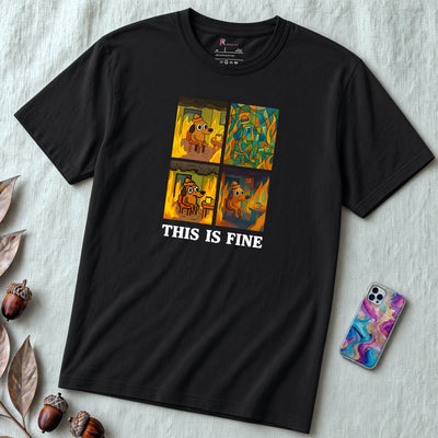 "This Is Fine, Everything Is Fine" I'm Fine Meme T-Shirt - Dog on Fire Graphic Tee - Vintage Black unfolded t-shirt mockup