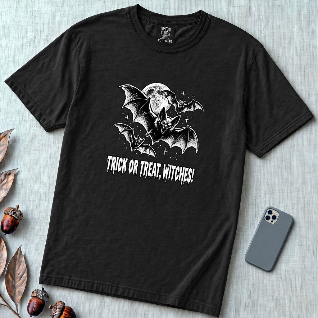 Trick Or Treat Witches! Funny Halloween Bat T-Shirt - Black unfolded t-shirt mockup