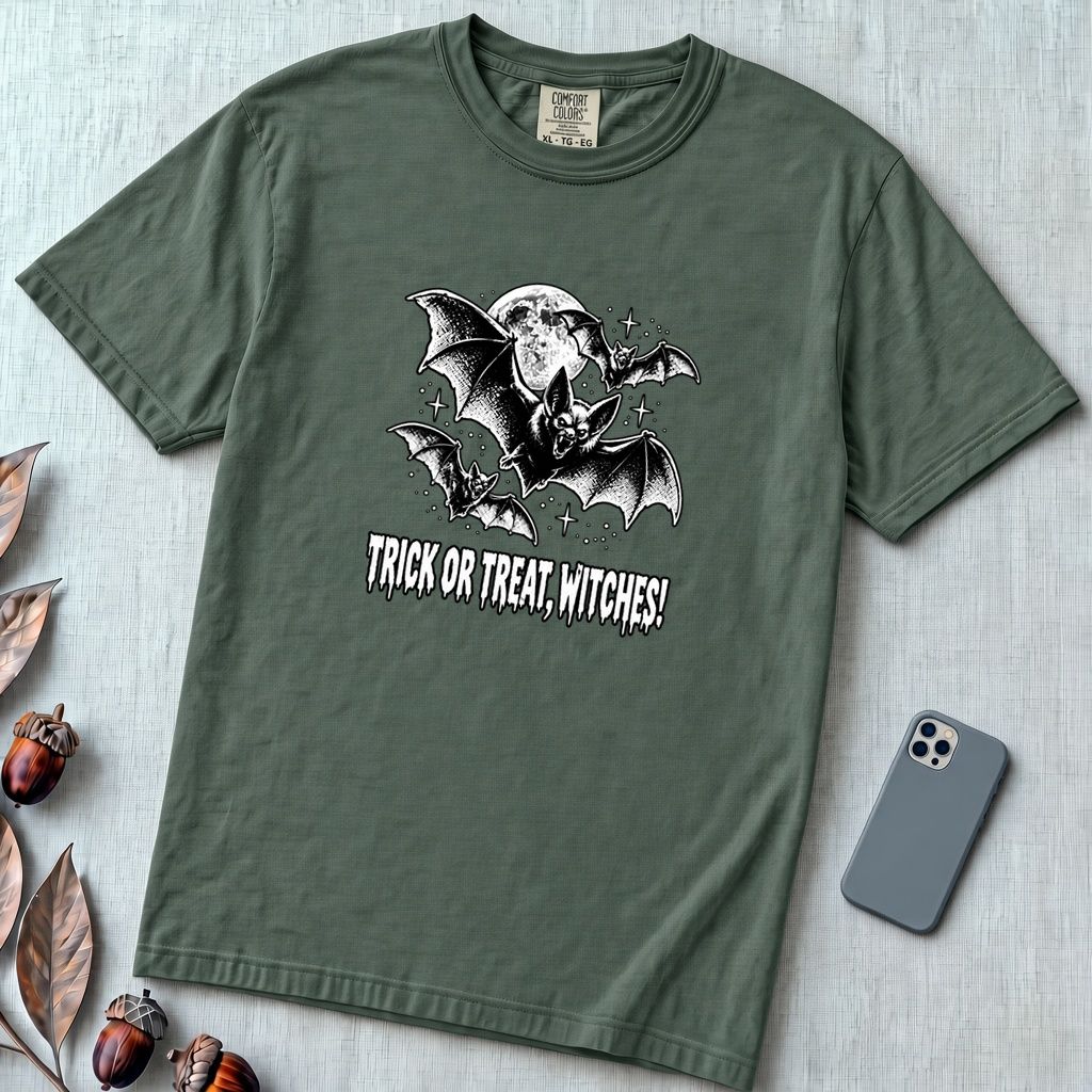 Trick Or Treat Witches! Funny Halloween Bat T-Shirt - Blue Spruce unfolded t-shirt mockup