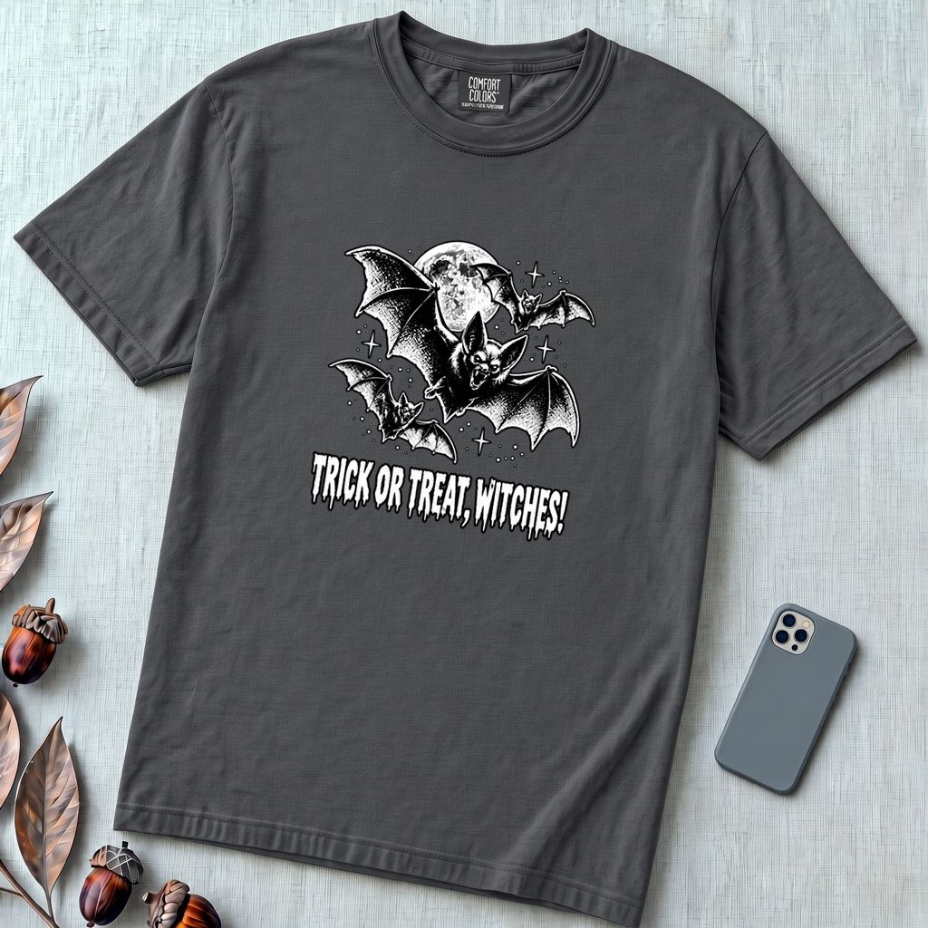 Trick Or Treat Witches! Funny Halloween Bat T-Shirt - Graphite unfolded t-shirt mockup