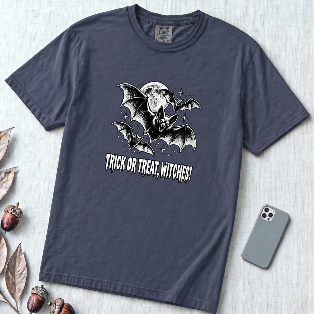 Trick Or Treat Witches! Funny Halloween Bat T-Shirt - Navy unfolded t-shirt mockup