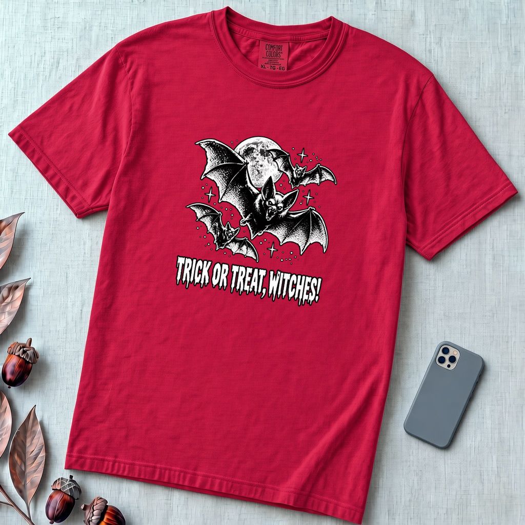 Trick Or Treat Witches! Funny Halloween Bat T-Shirt - Red unfolded t-shirt mockup