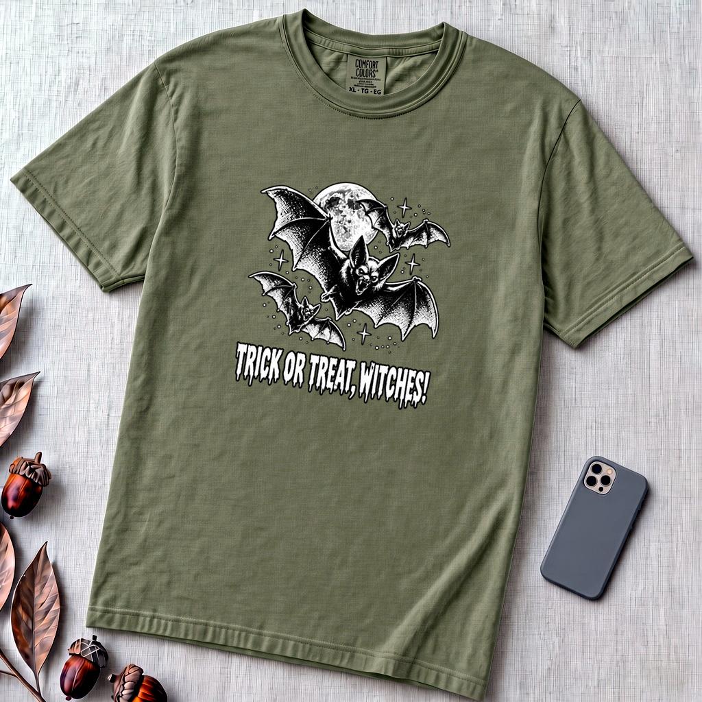 Trick Or Treat Witches! Funny Halloween Bat T-Shirt - Sage unfolded t-shirt mockup