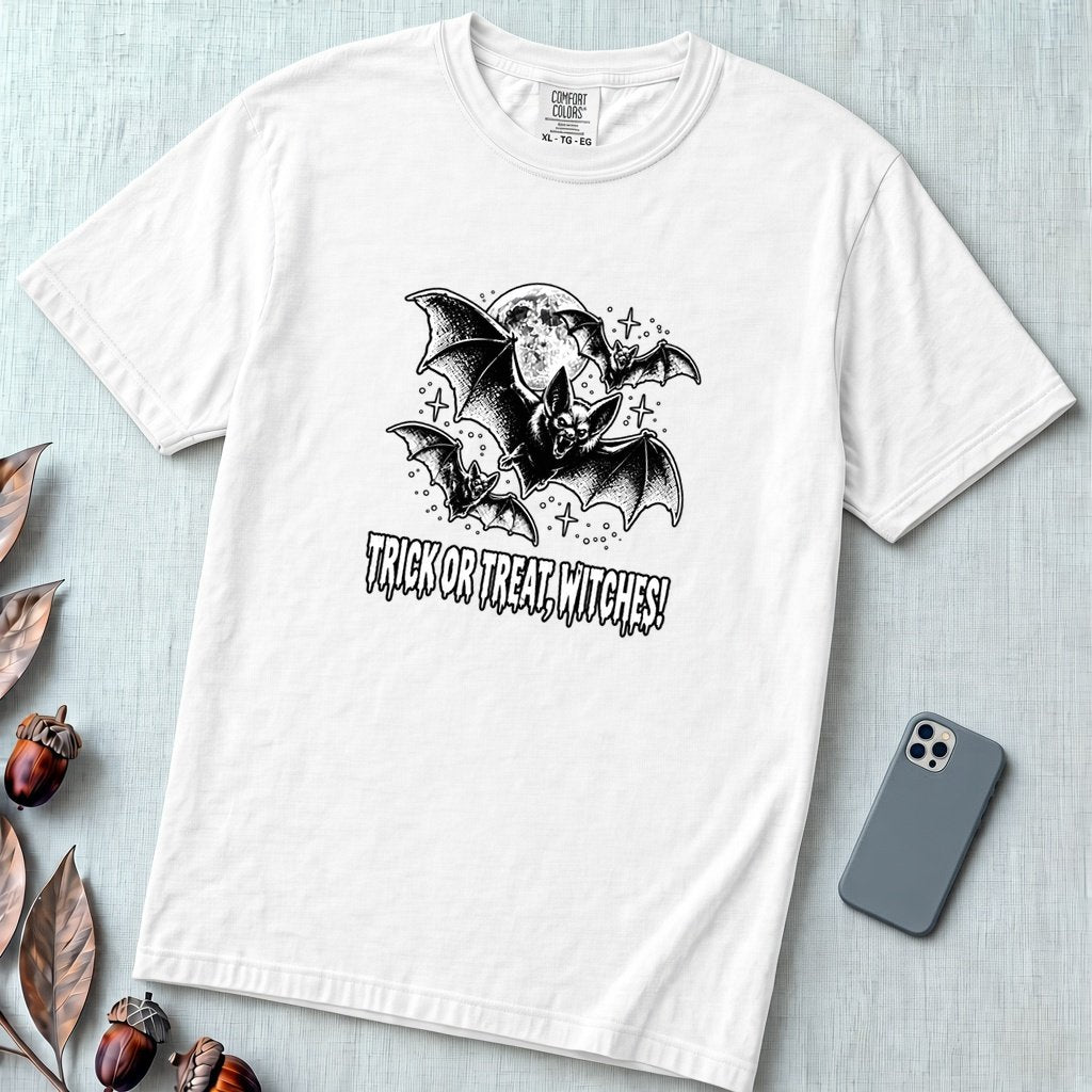 Trick Or Treat Witches! Funny Halloween Bat T-Shirt - White unfolded t-shirt mockup