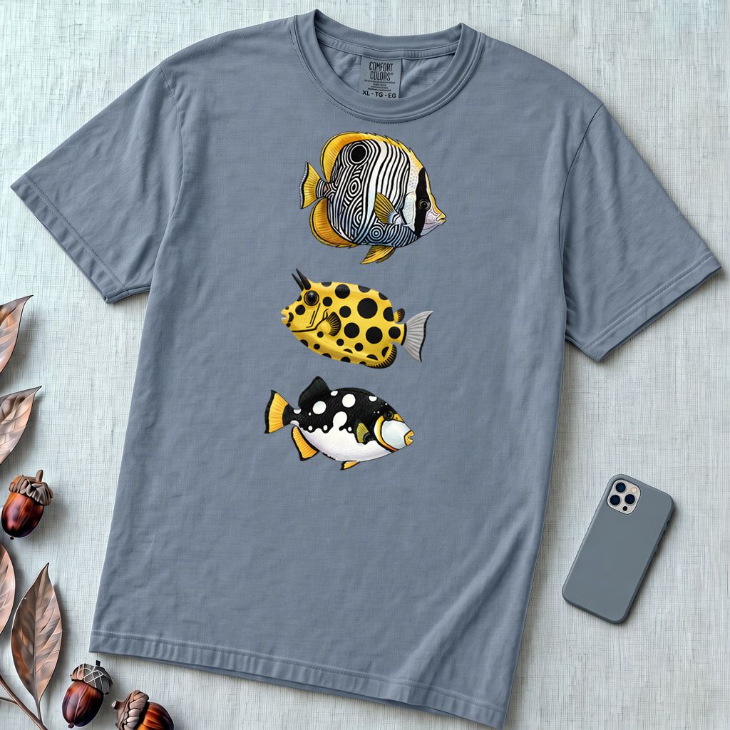 Tropical Fish Graphic T-Shirt - Blue Jean unfolded t-shirt mockup