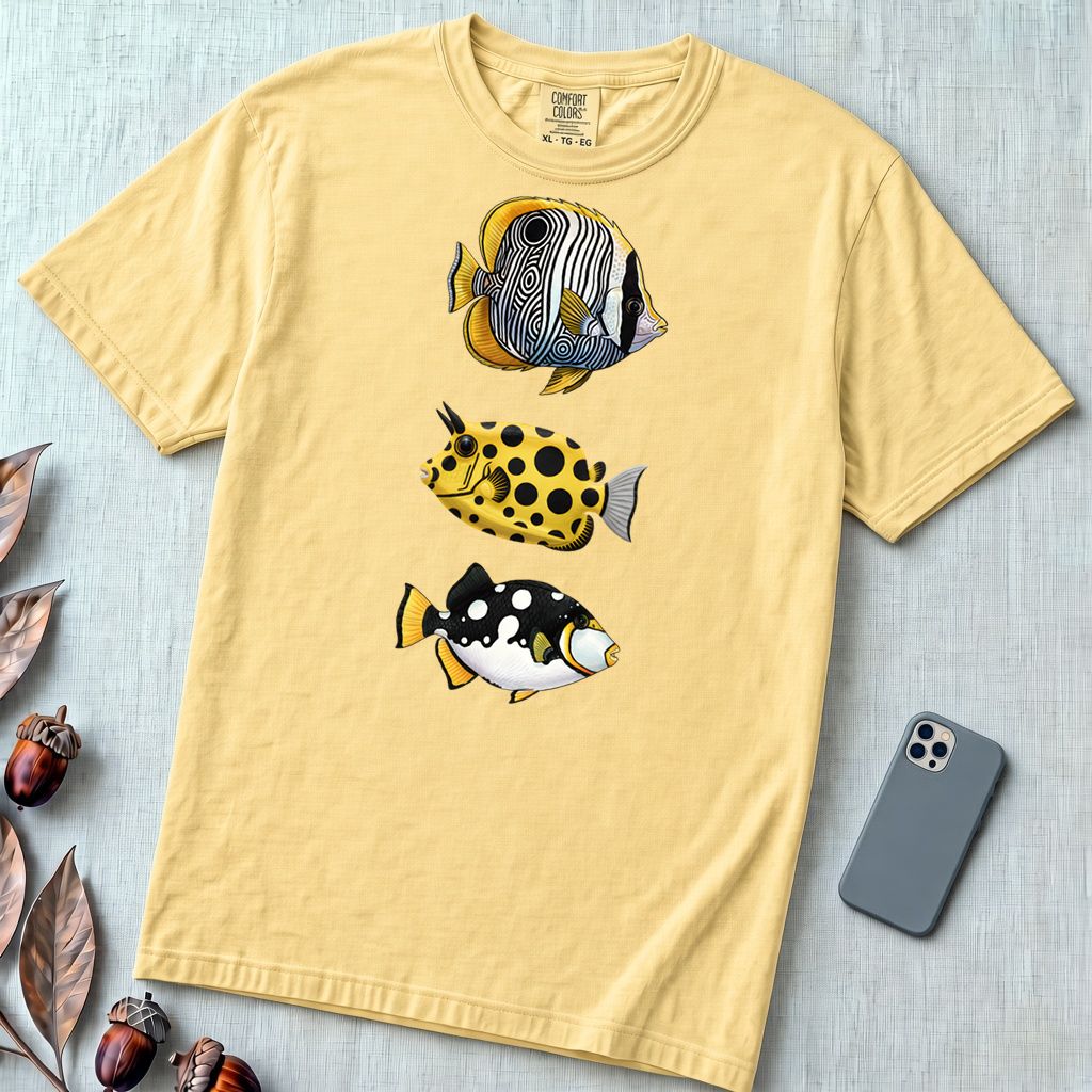 Tropical Fish Graphic T-Shirt - Butter unfolded t-shirt mockup