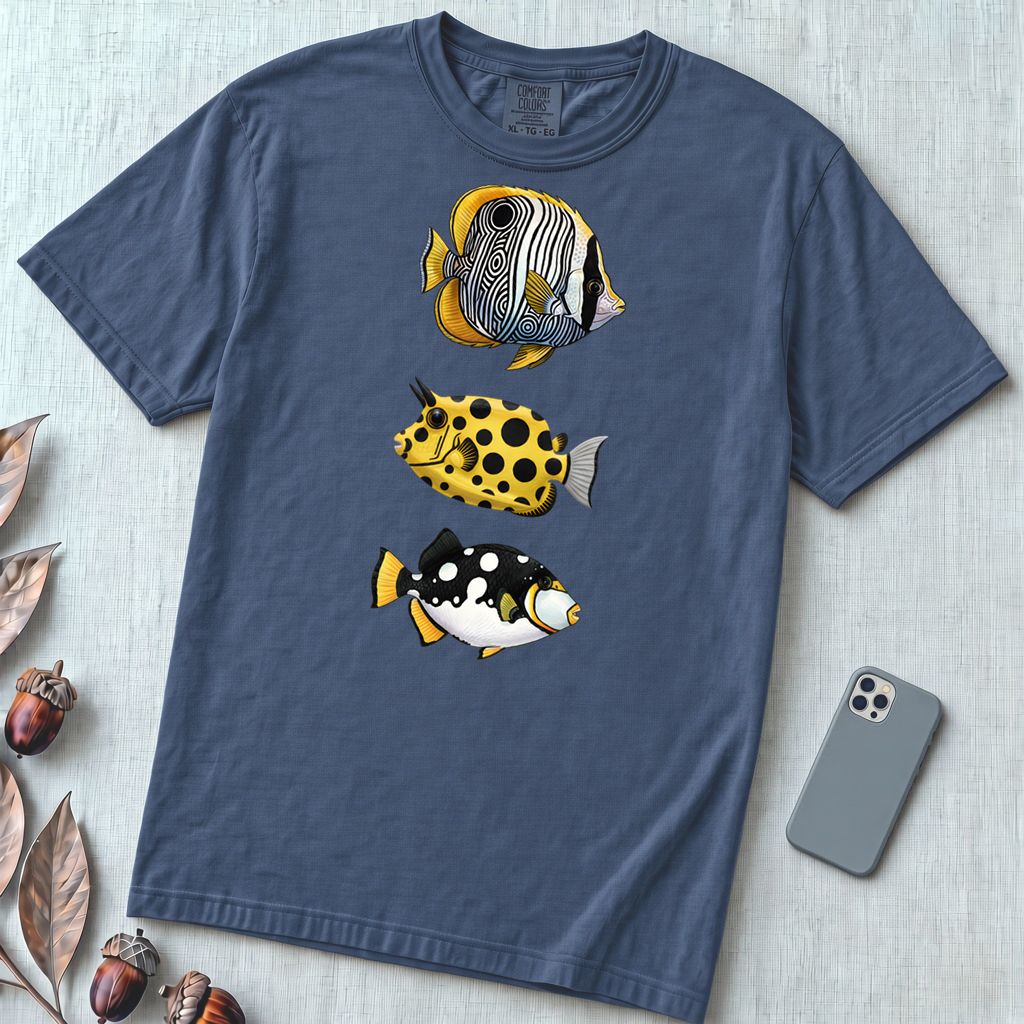 Tropical Fish Graphic T-Shirt - Denim unfolded t-shirt mockup