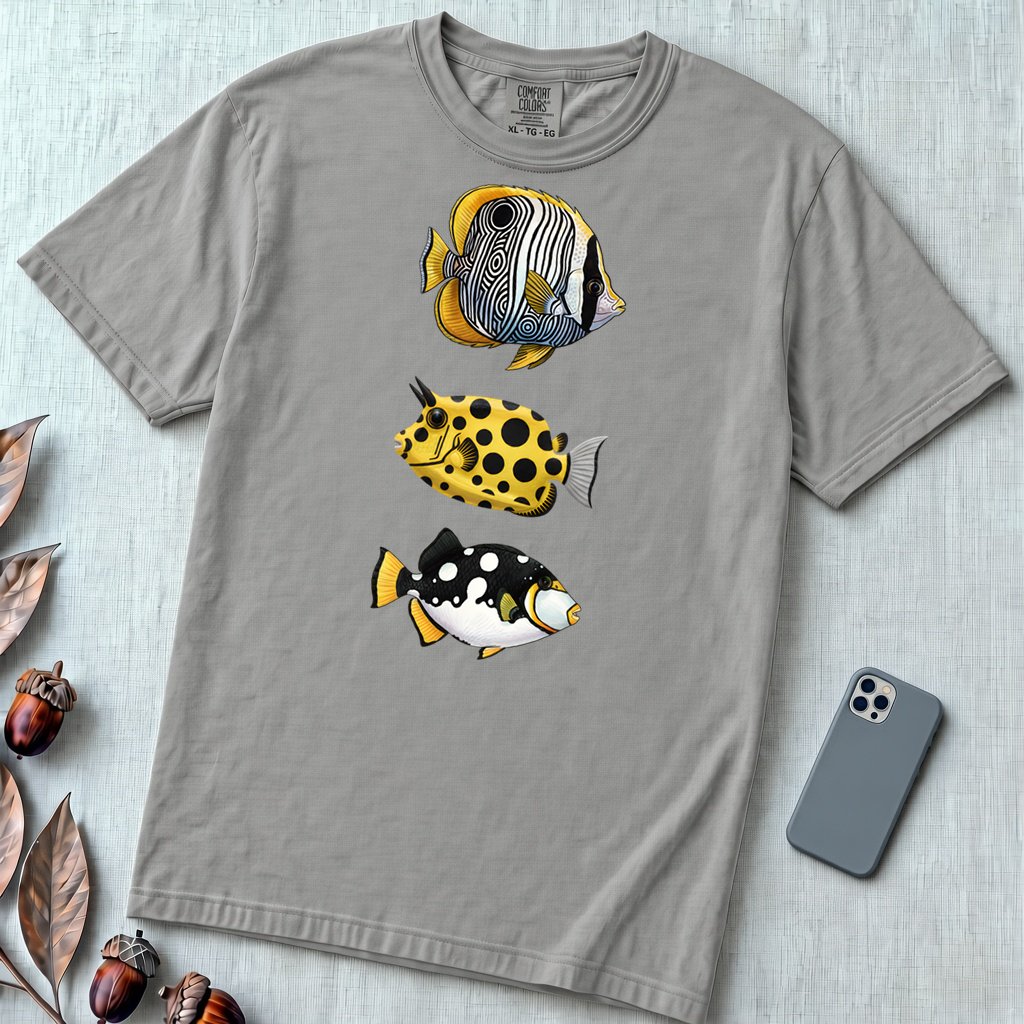 Tropical Fish Graphic T-Shirt - Grey unfolded t-shirt mockup