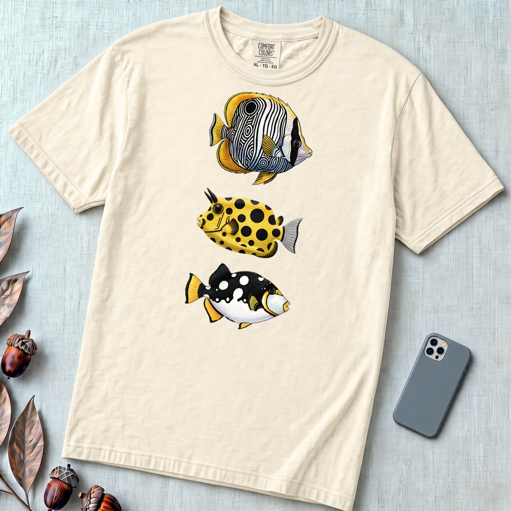 Tropical Fish Graphic T-Shirt - Ivory unfolded t-shirt mockup