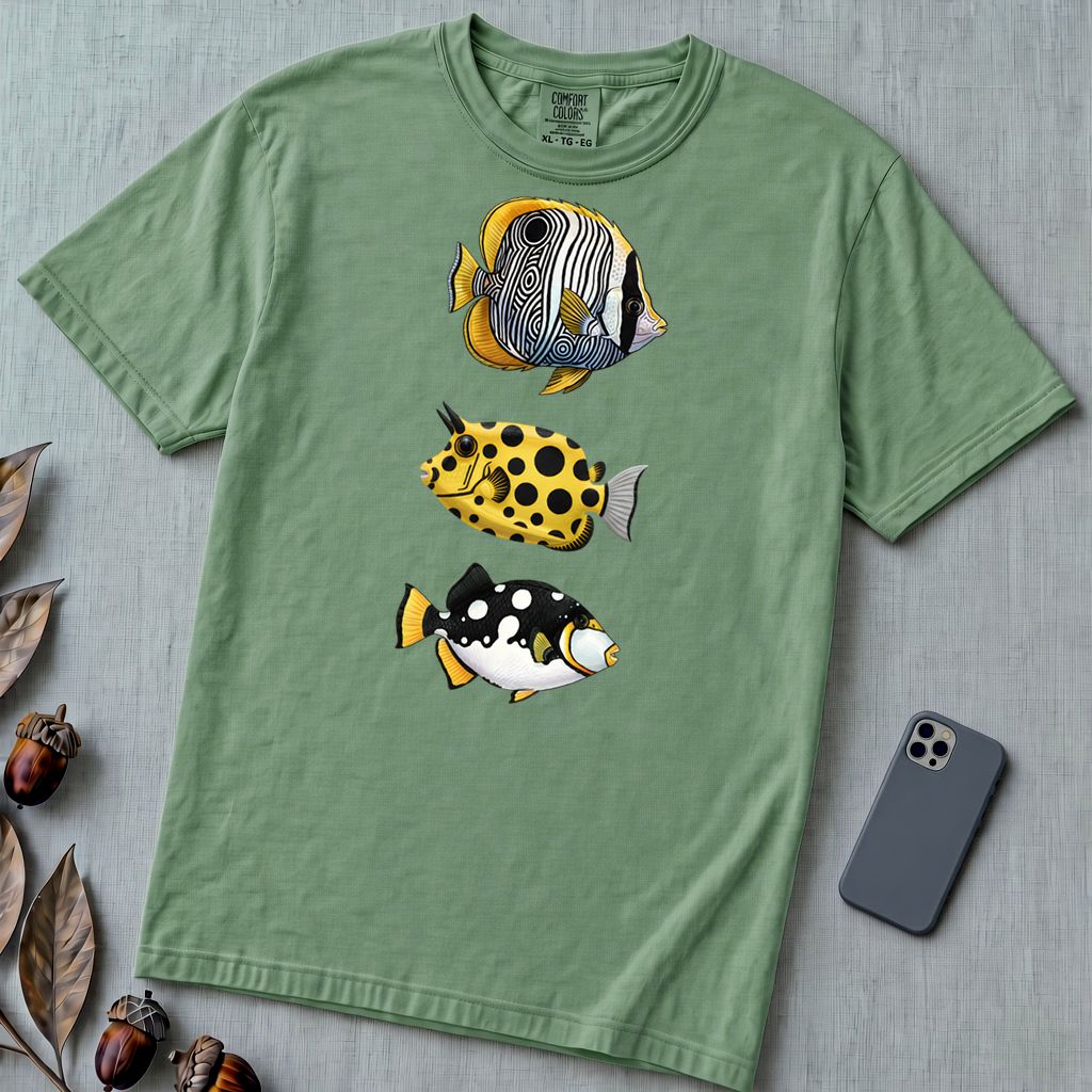 Tropical Fish Graphic T-Shirt - Light Green unfolded t-shirt mockup