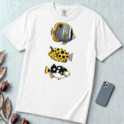 Tropical Fish Graphic T-Shirt - White unfolded t-shirt mockup