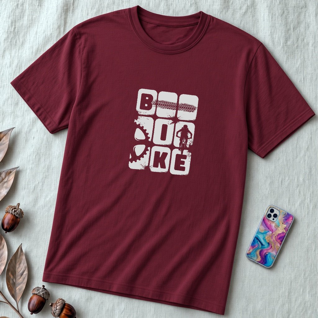 Unisex Cyclist Tee – Bike T-Shirt for Mountain Biking & Road Cycling Enthusiasts - Maroon unfolded t-shirt mockup
