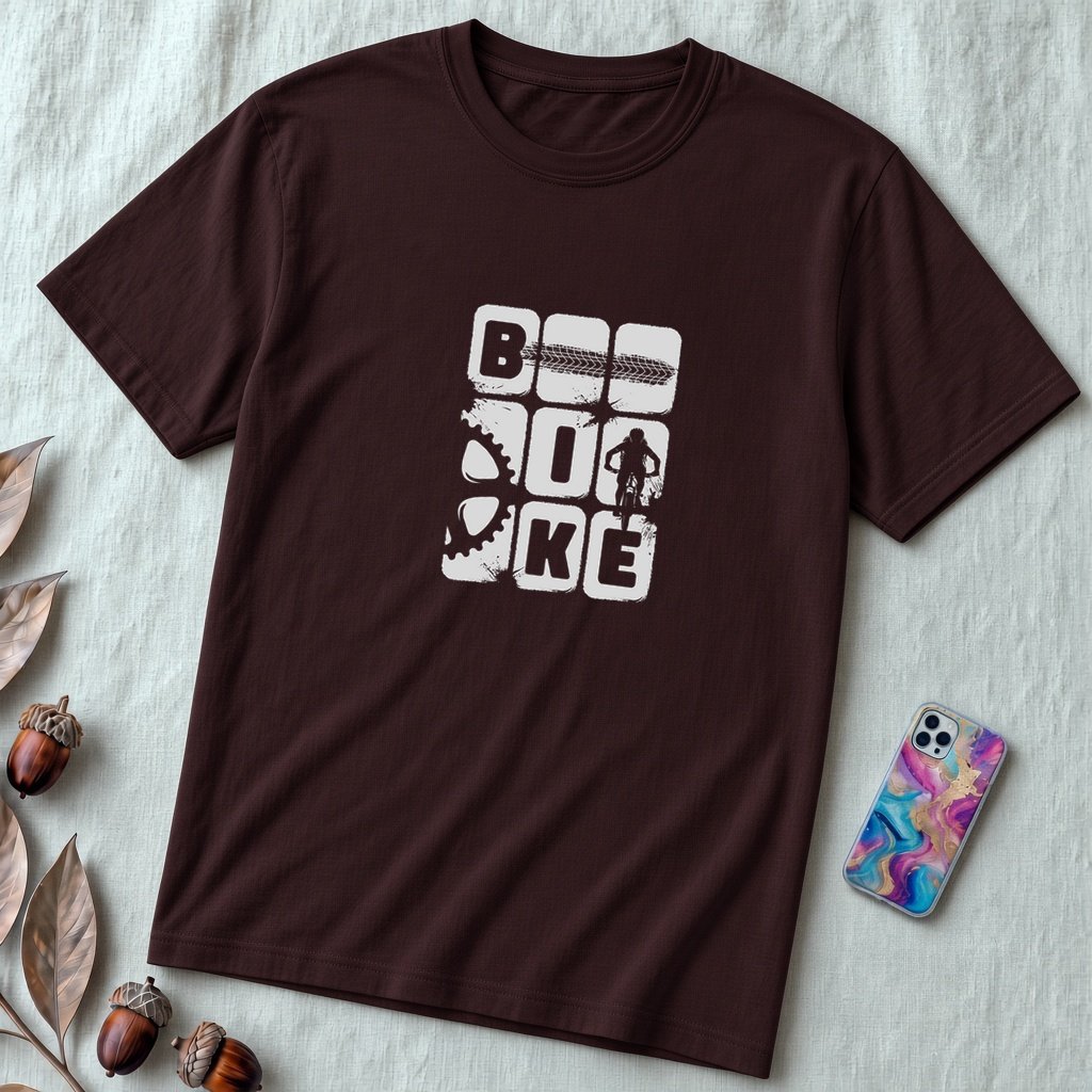 Unisex Cyclist Tee – Bike T-Shirt for Mountain Biking & Road Cycling Enthusiasts - Oxblood Black unfolded t-shirt mockup