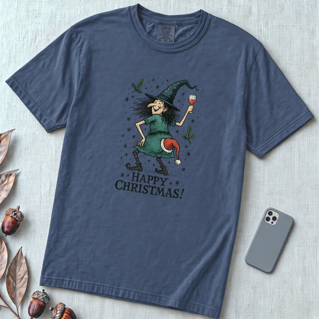 Unisex garment-dyed heavyweight Comfort Colors Merry Christmas shirt, Funny Witch Xmas Tee, Witchy Christmas vibes - Denim unfolded t-shirt mockup