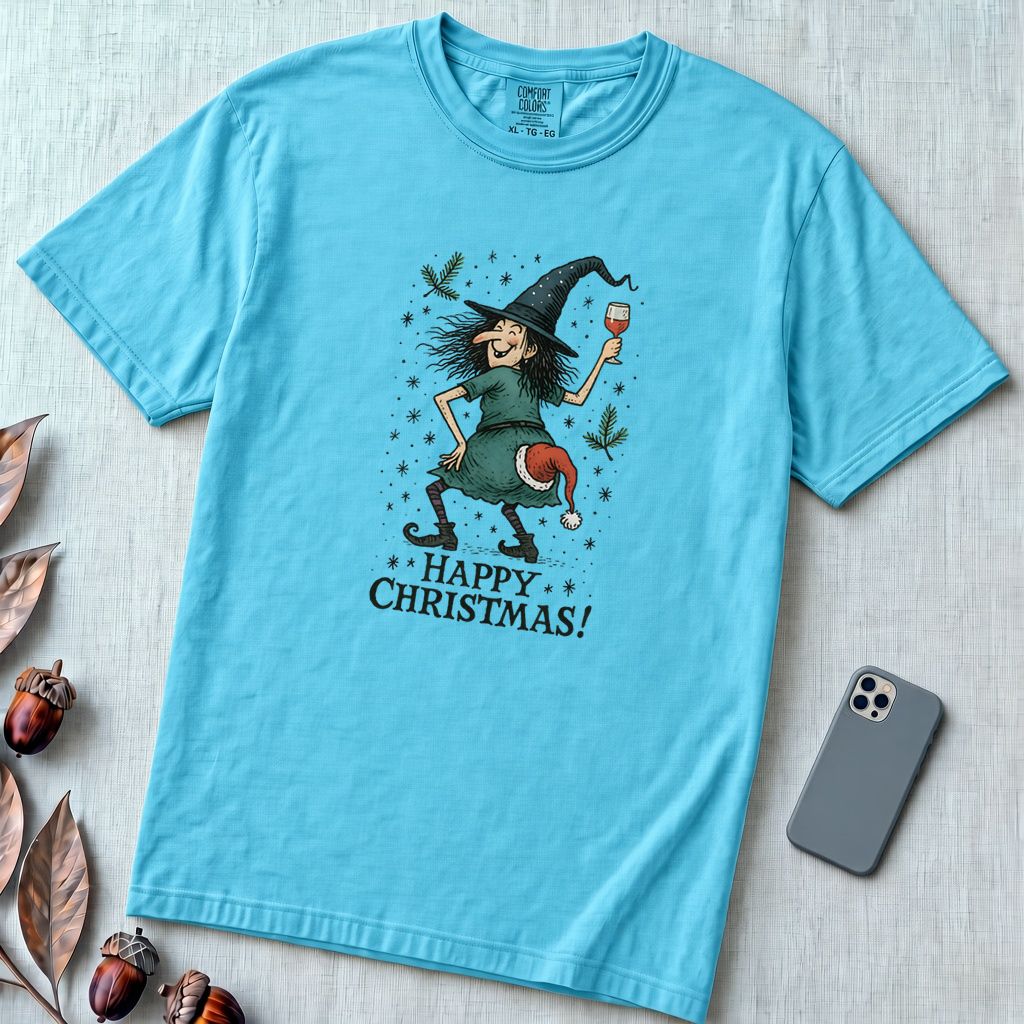 Unisex garment-dyed heavyweight Comfort Colors Merry Christmas shirt, Funny Witch Xmas Tee, Witchy Christmas vibes - Lagoon Blue unfolded t-shirt mockup