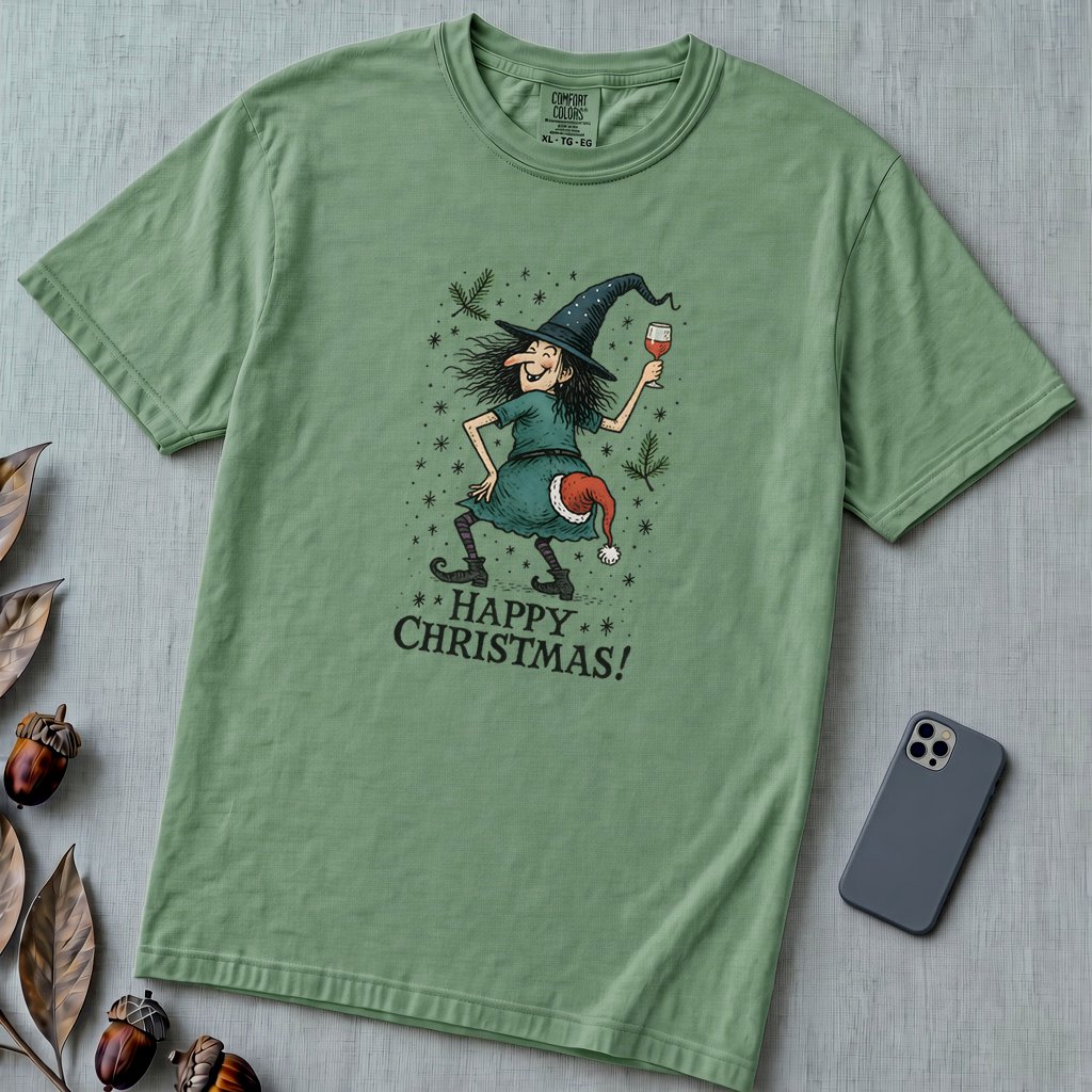 Unisex garment-dyed heavyweight Comfort Colors Merry Christmas shirt, Funny Witch Xmas Tee, Witchy Christmas vibes - Light Green unfolded t-shirt mockup