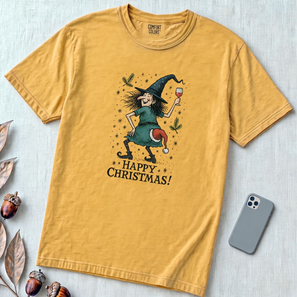 Unisex garment-dyed heavyweight Comfort Colors Merry Christmas shirt, Funny Witch Xmas Tee, Witchy Christmas vibes - Mustard unfolded t-shirt mockup