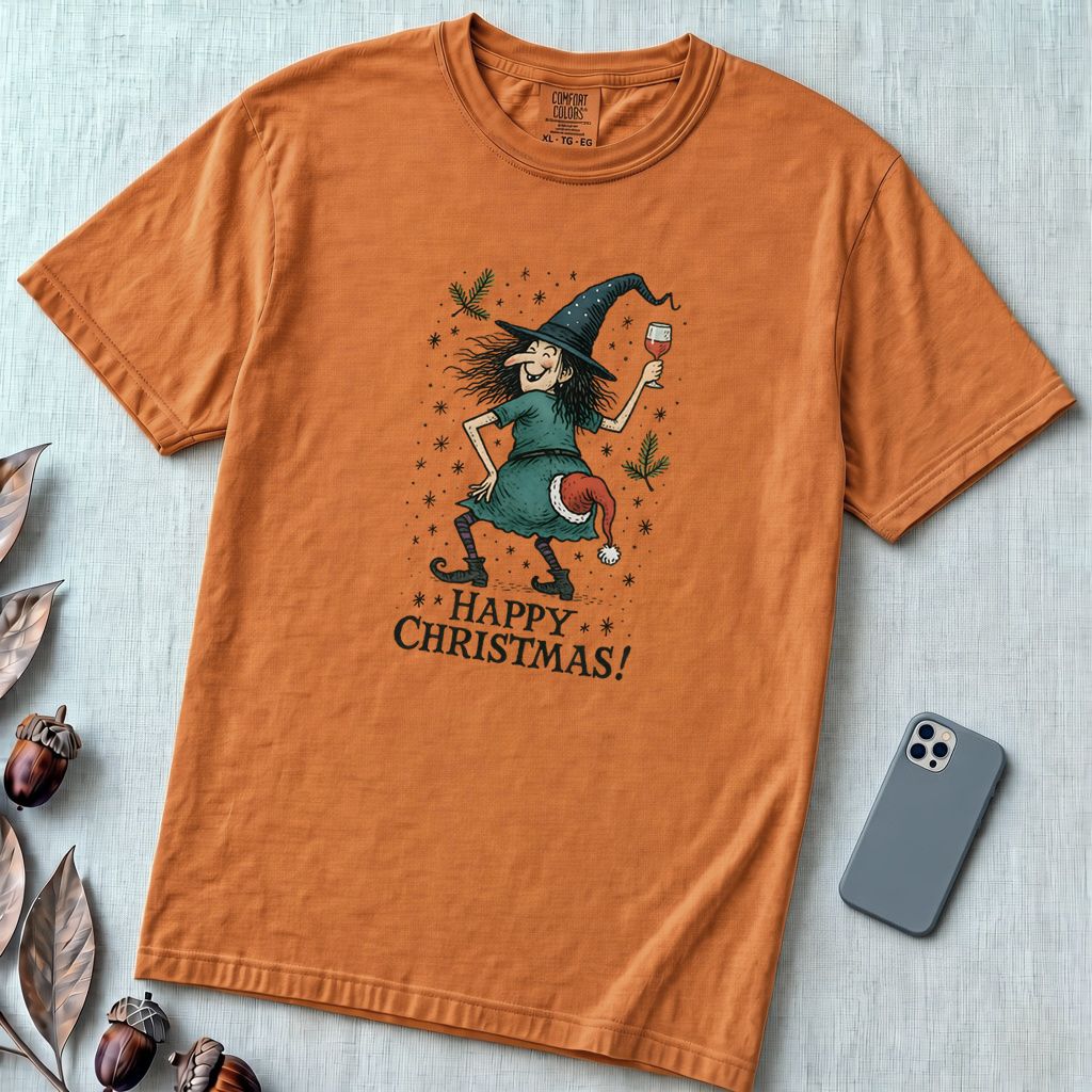 Unisex garment-dyed heavyweight Comfort Colors Merry Christmas shirt, Funny Witch Xmas Tee, Witchy Christmas vibes - Yam unfolded t-shirt mockup