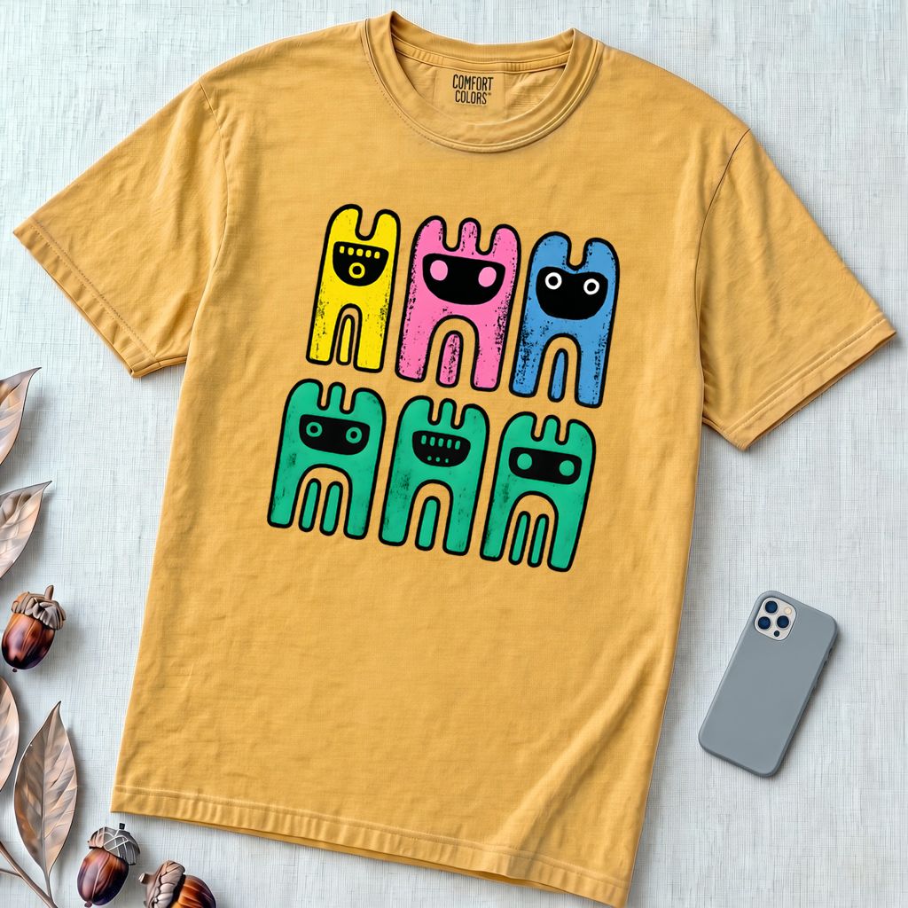 Unisex Garment-Dyed Heavyweight Comfort Colors T-Shirt, Abstract Octopus Tee, Radiant Art T-shirt - Mustard unfolded t-shirt mockup