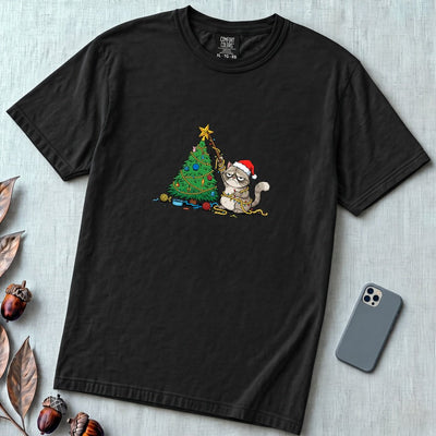 Unisex garment-dyed heavyweight Comfort Colors t-shirt - Grumpy Christmas Cat T-Shirt, Funny Cat Shirt, Xmas Tee for Sarcastic Cat Lover Gift - Black unfolded t-shirt mockup