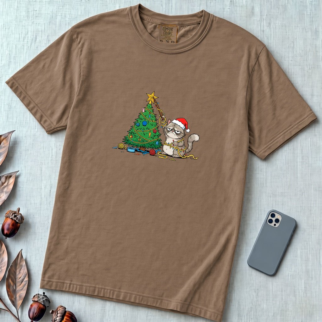 Unisex garment-dyed heavyweight Comfort Colors t-shirt - Grumpy Christmas Cat T-Shirt, Funny Cat Shirt, Xmas Tee for Sarcastic Cat Lover Gift - Espresso unfolded t-shirt mockup