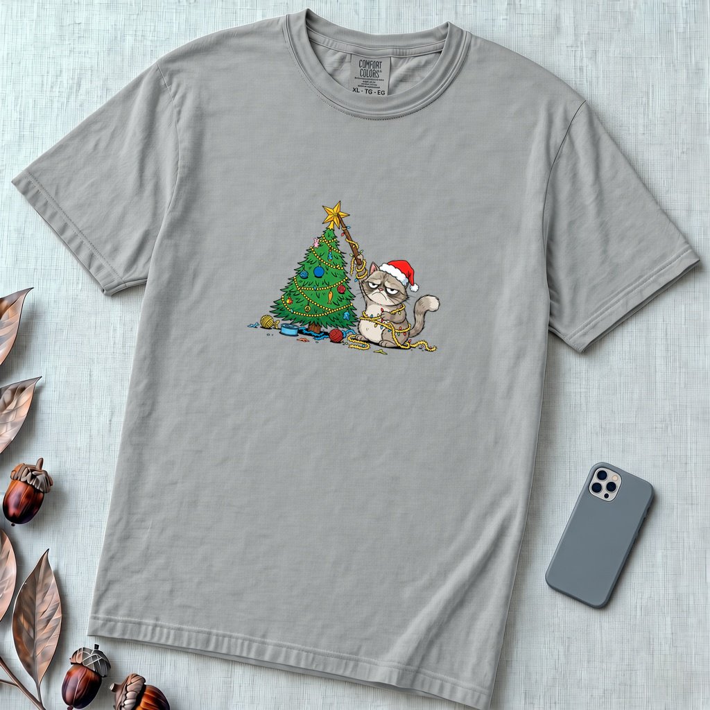 Unisex garment-dyed heavyweight Comfort Colors t-shirt - Grumpy Christmas Cat T-Shirt, Funny Cat Shirt, Xmas Tee for Sarcastic Cat Lover Gift - Granite unfolded t-shirt mockup