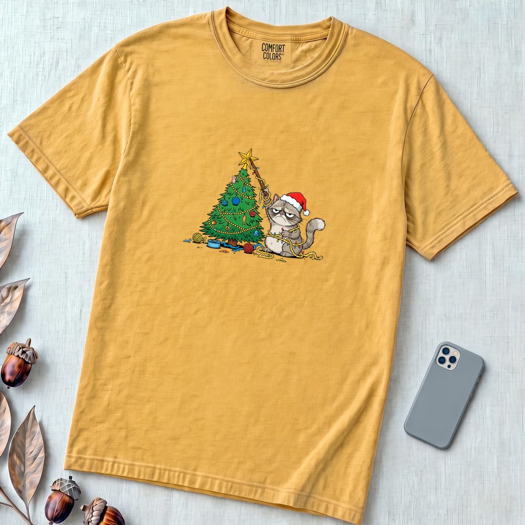Unisex garment-dyed heavyweight Comfort Colors t-shirt - Grumpy Christmas Cat T-Shirt, Funny Cat Shirt, Xmas Tee for Sarcastic Cat Lover Gift - Mustard unfolded t-shirt mockup