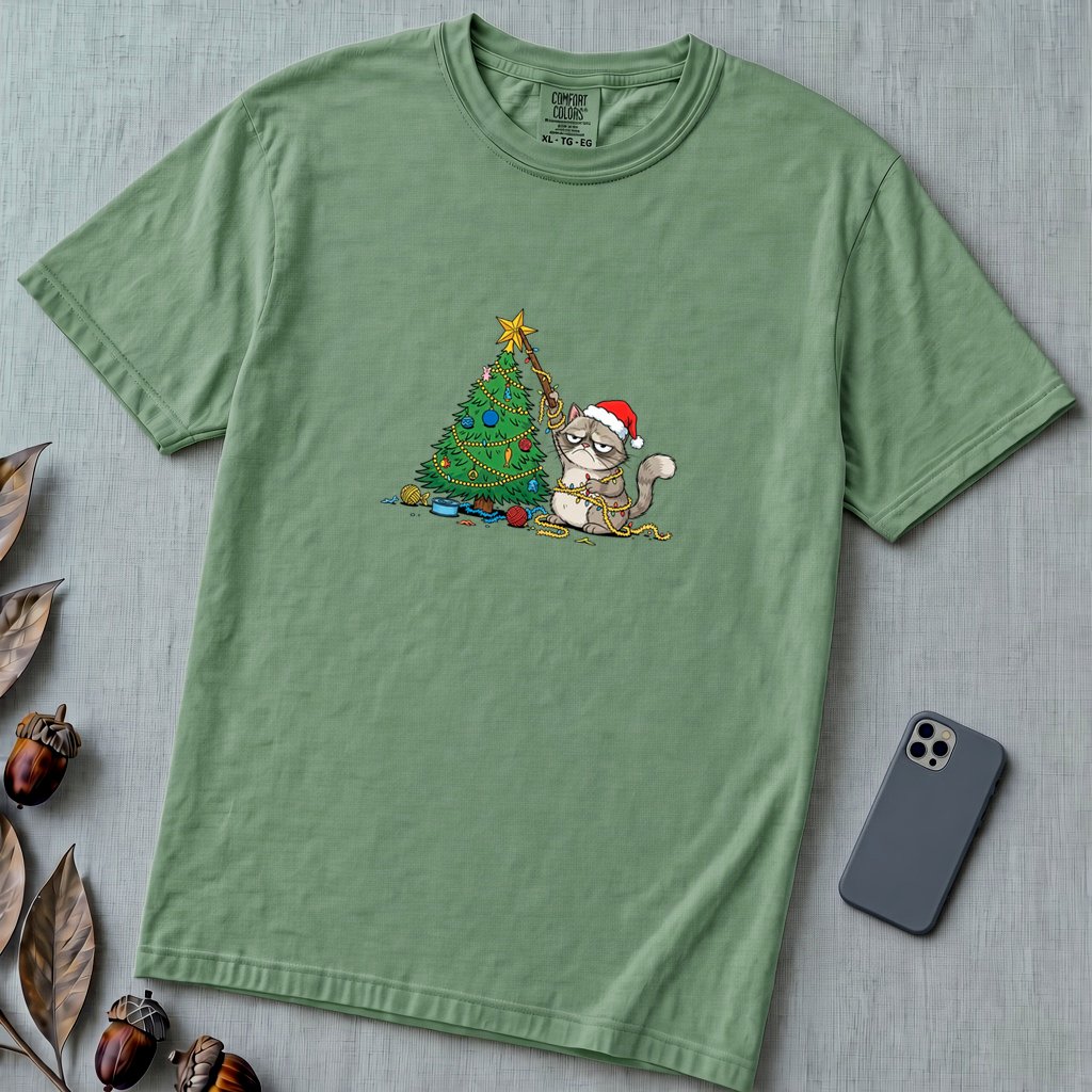 Unisex garment-dyed heavyweight Comfort Colors t-shirt - Grumpy Christmas Cat T-Shirt, Funny Cat Shirt, Xmas Tee for Sarcastic Cat Lover Gift - Light Green unfolded t-shirt mockup