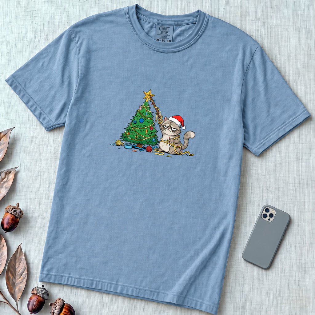 Unisex garment-dyed heavyweight Comfort Colors t-shirt - Grumpy Christmas Cat T-Shirt, Funny Cat Shirt, Xmas Tee for Sarcastic Cat Lover Gift - Washed Denim unfolded t-shirt mockup