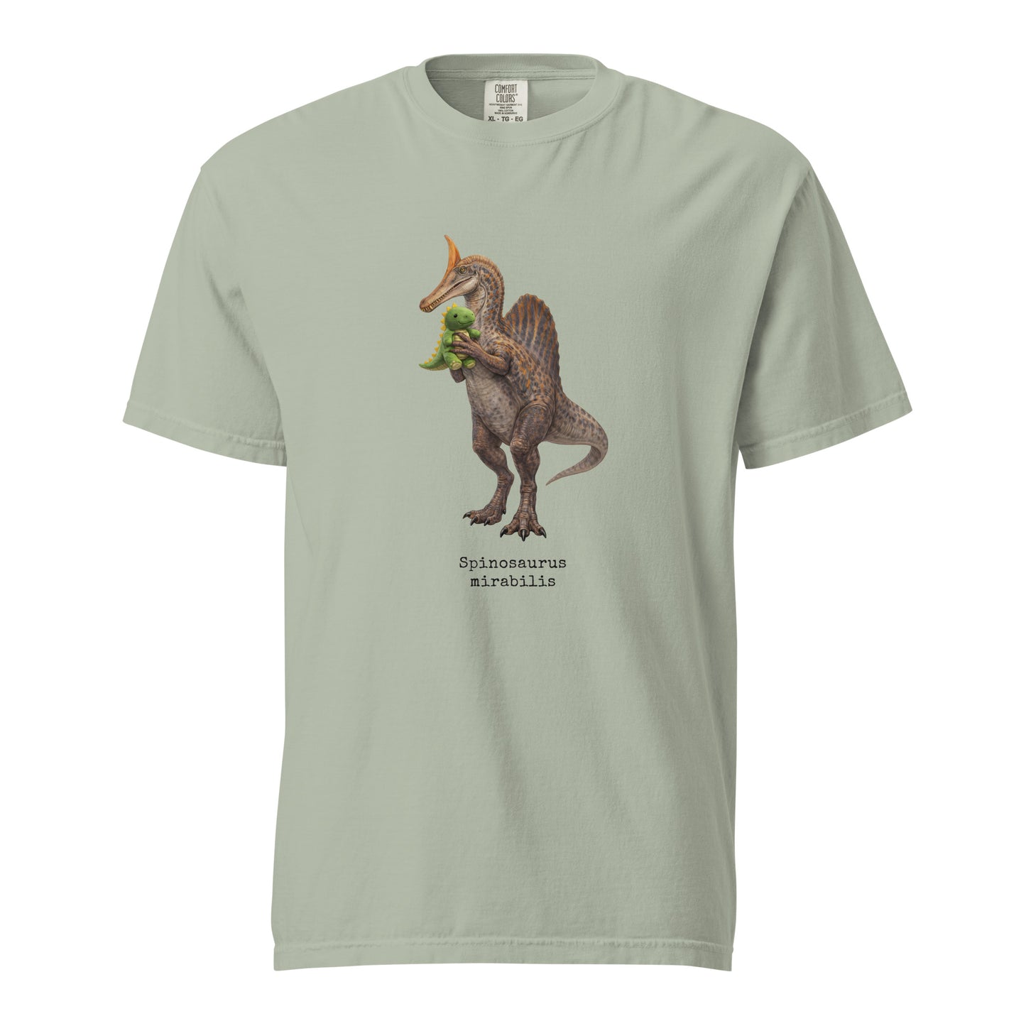 Light green t-shirt with a Spinosaurus mirabilis and a plush toy on a white background