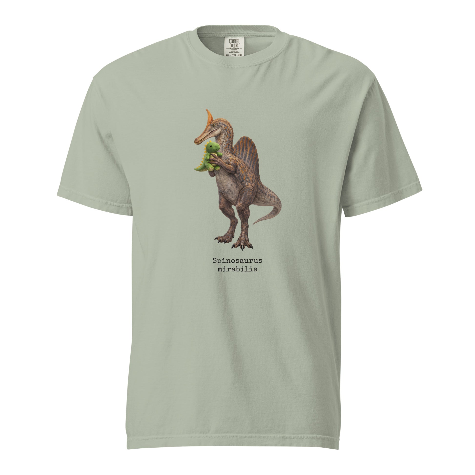 Light green t-shirt with a Spinosaurus mirabilis and a plush toy on a white background