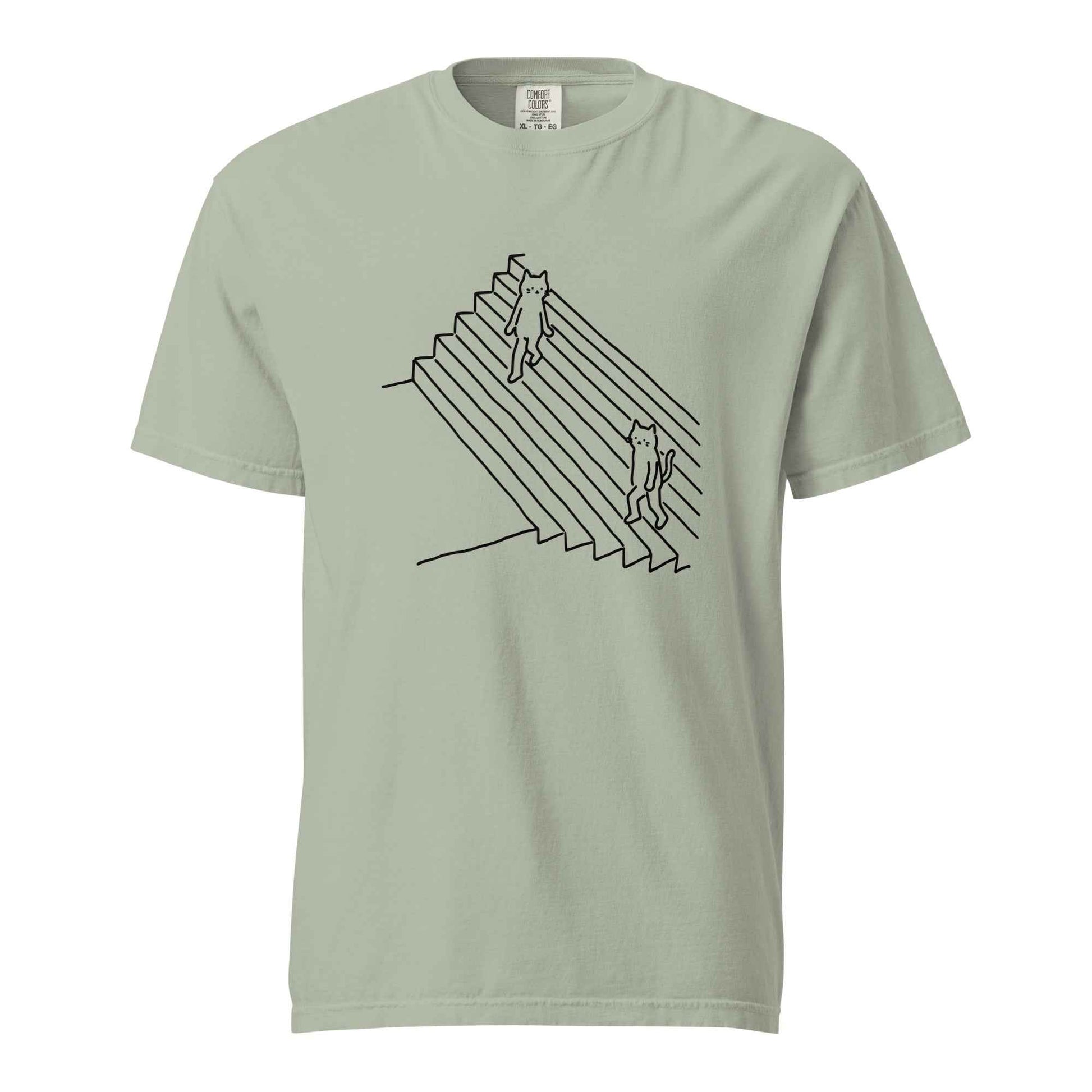 Minimalist Cat T-Shirt, Funny Stairs Line Art Tee
