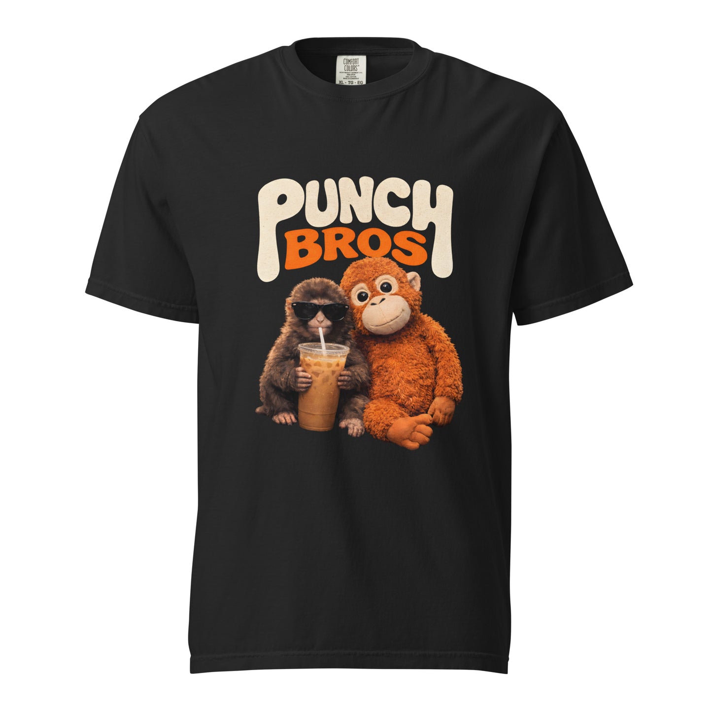 Black t-shirt with 'Punch Bros' graphic featuring two cartoon monkeys holding a drink.