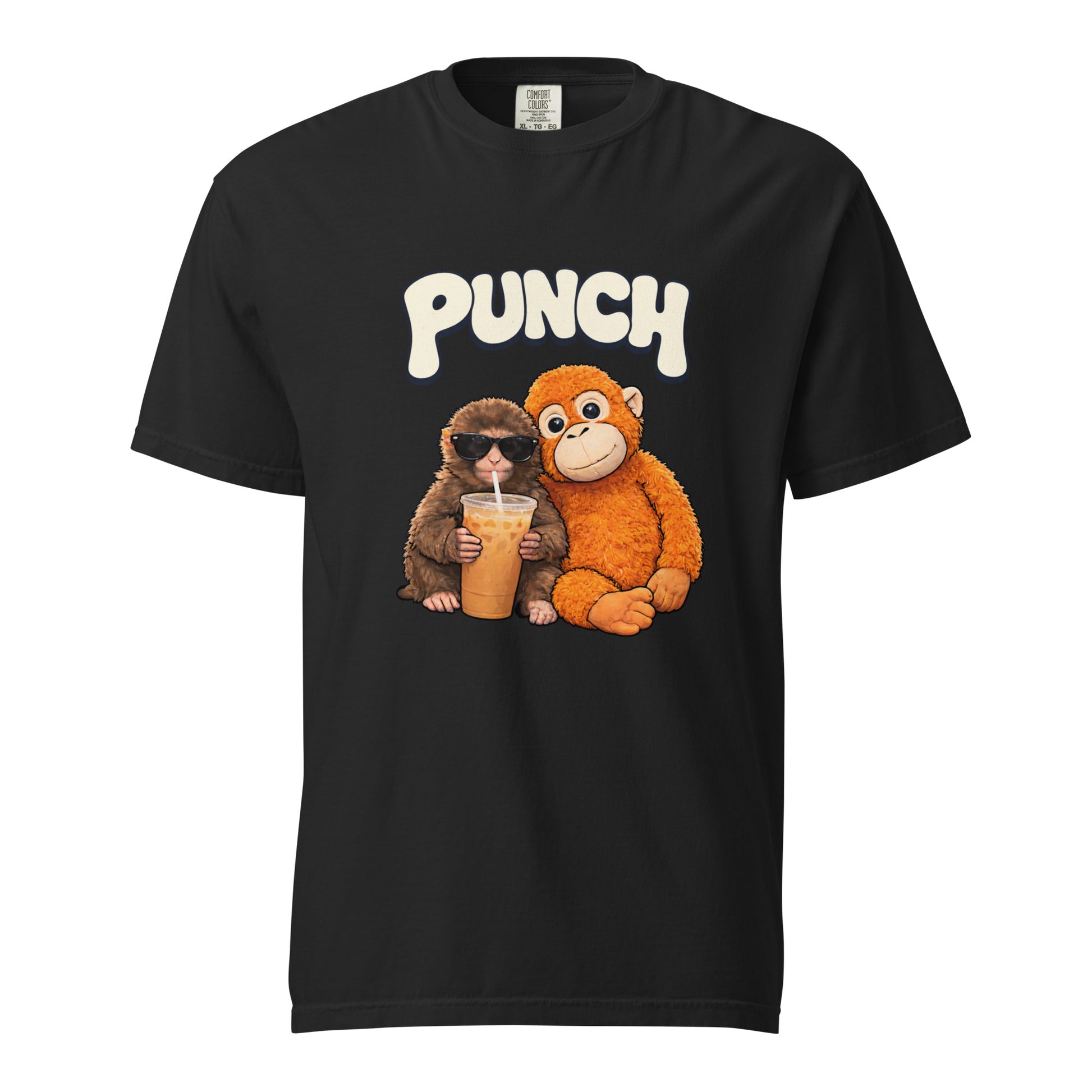 Black t-shirt with cartoon monkeys and 'PUNCH' text on a white background