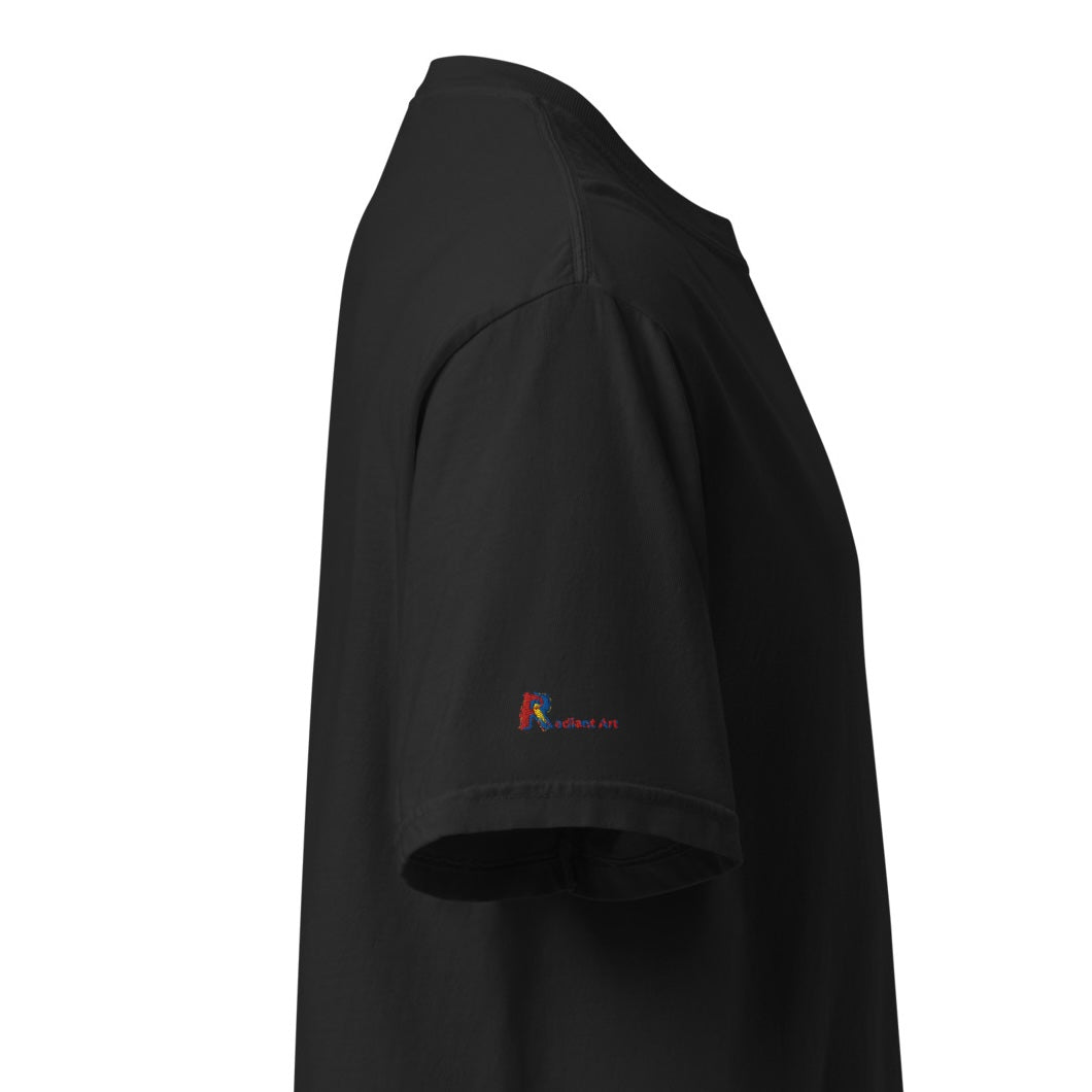A close-up side view of a black short-sleeve t-shirt on a plain white background, featuring a small red and blue 'Radiant Art' logo on the right sleeve.