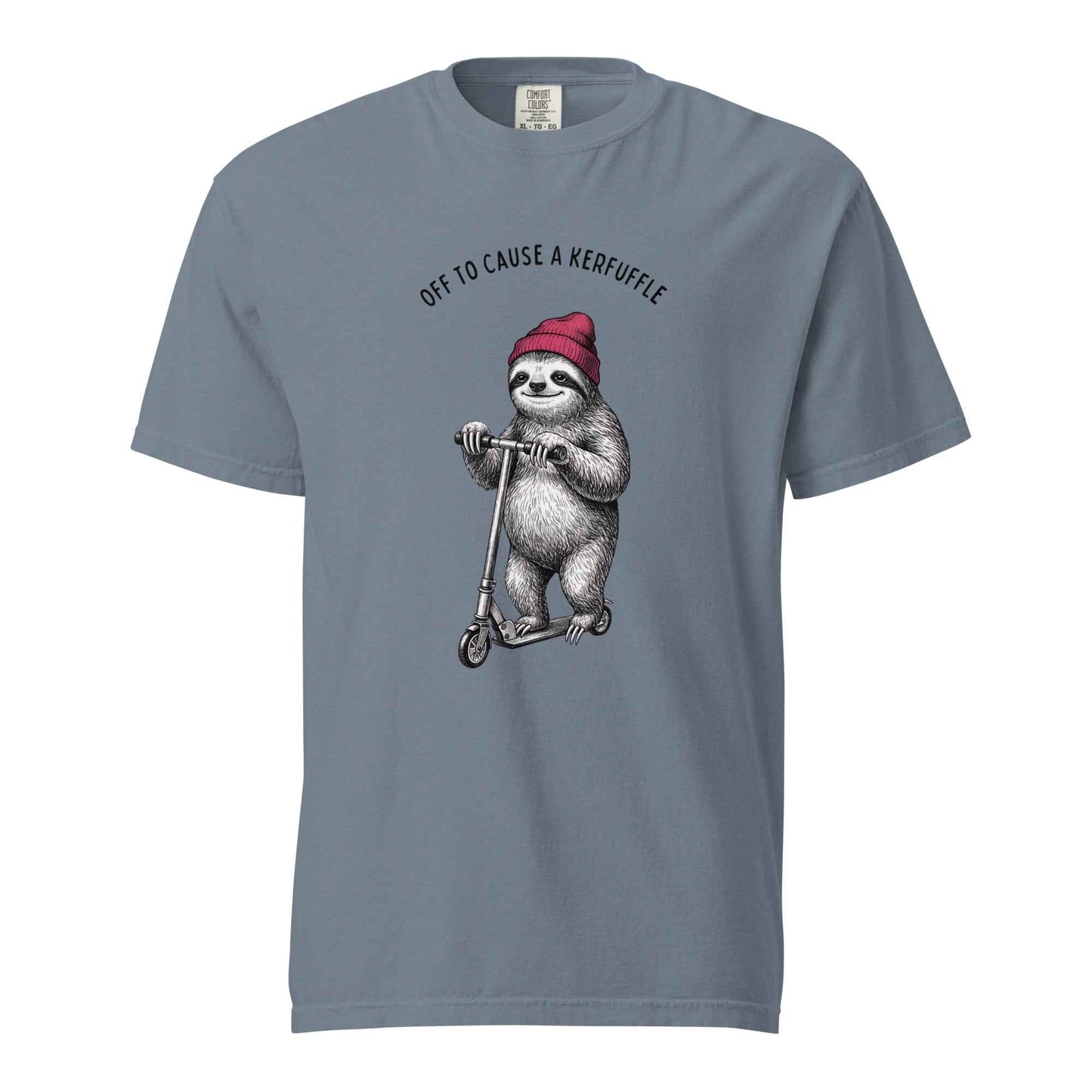 Off to Cause a Kerfuffle Funny Sloth Scooter T-Shirt Blue Jean