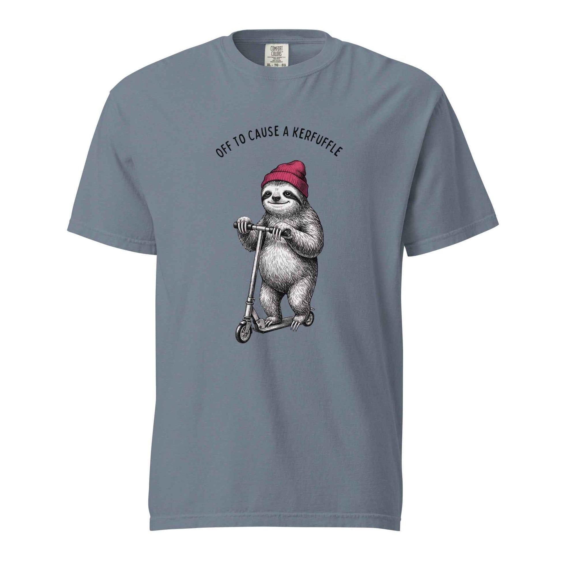 Off to Cause a Kerfuffle Funny Sloth Scooter T-Shirt Blue Jean