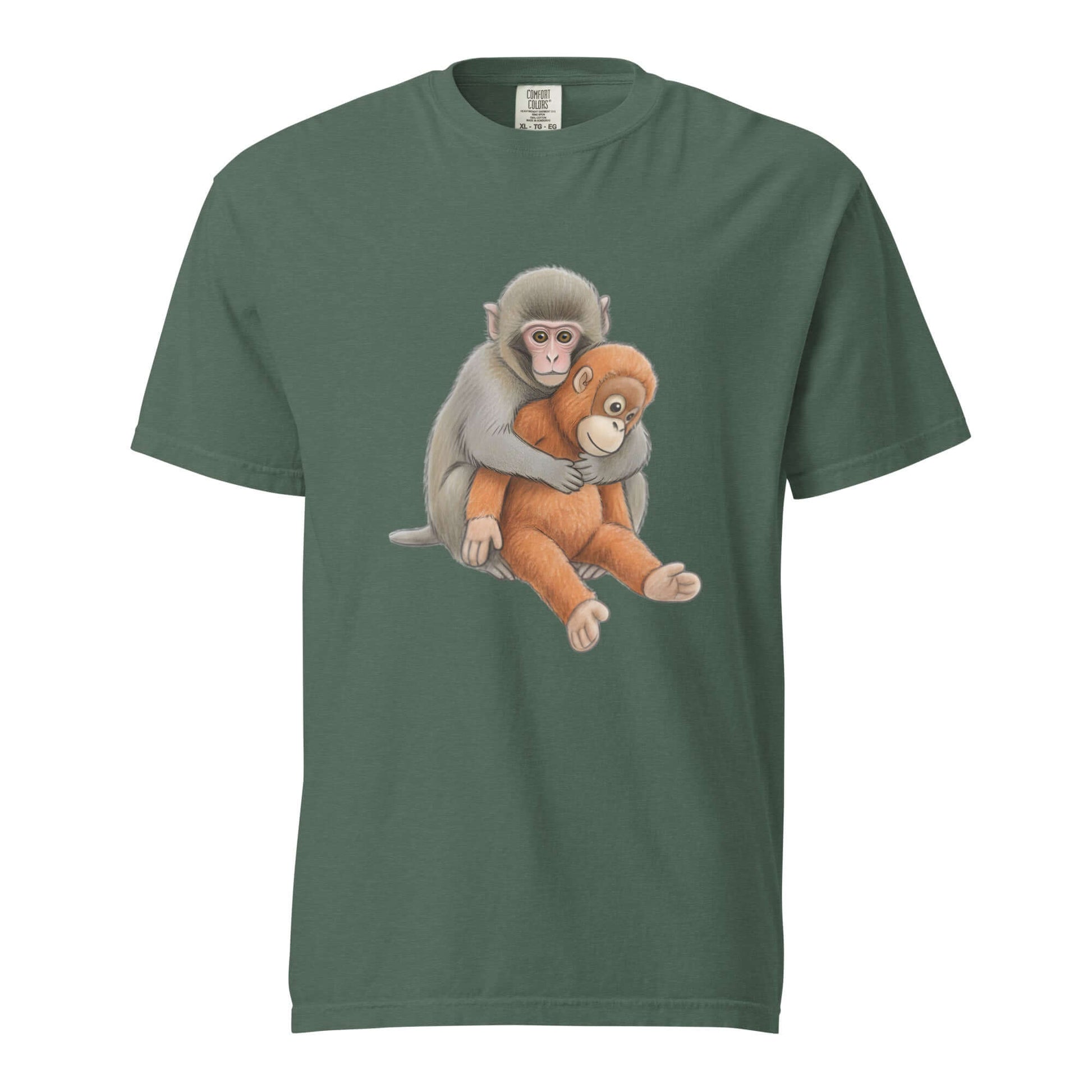 Green Baby Monkey Punch hugging plushie graphic tee - baby macaque hugging plush shirt