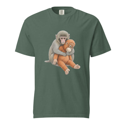 Green t-shirt with a graphic of two monkeys on a white background