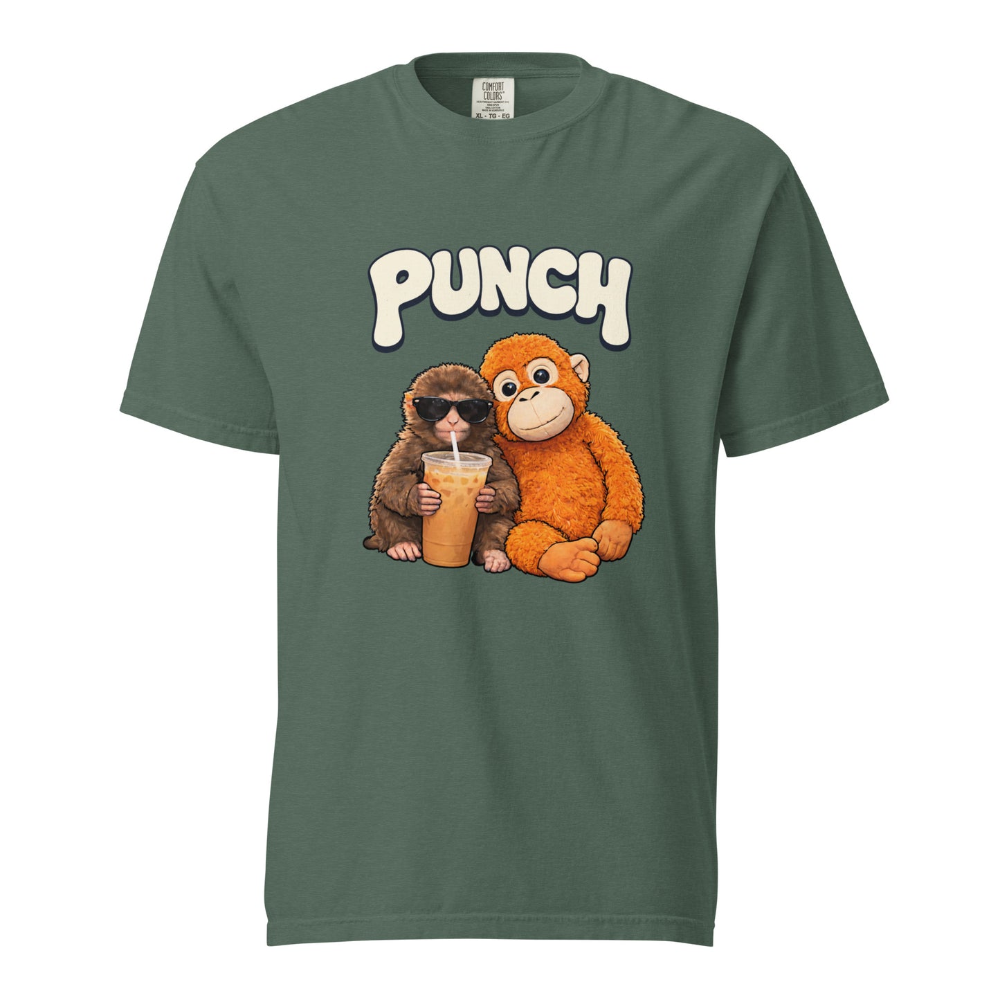 Green t-shirt with cartoon monkeys and 'PUNCH' text on a white background