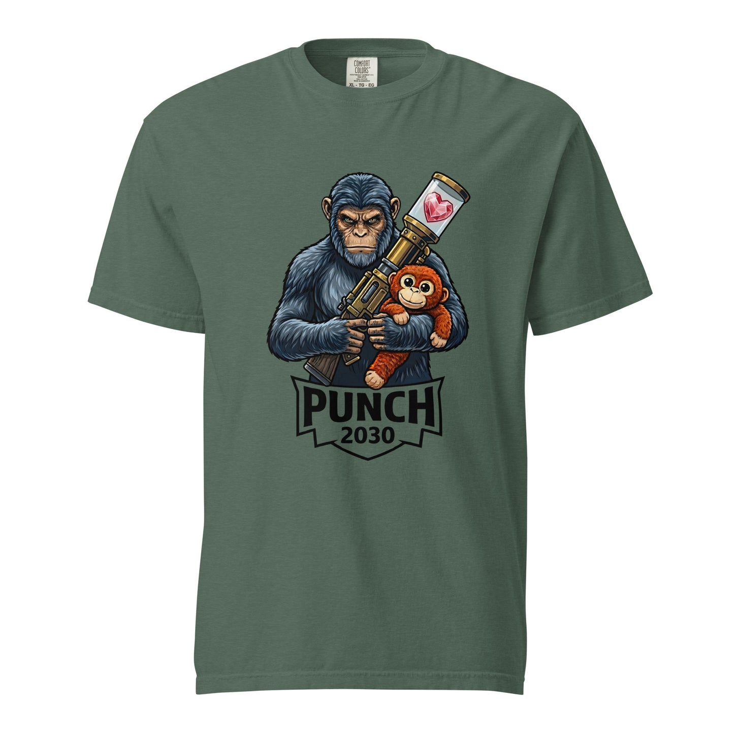 Blue spruce Punch 2030 Heart Core warrior monkey graphic tee - punch monkey meme shirt