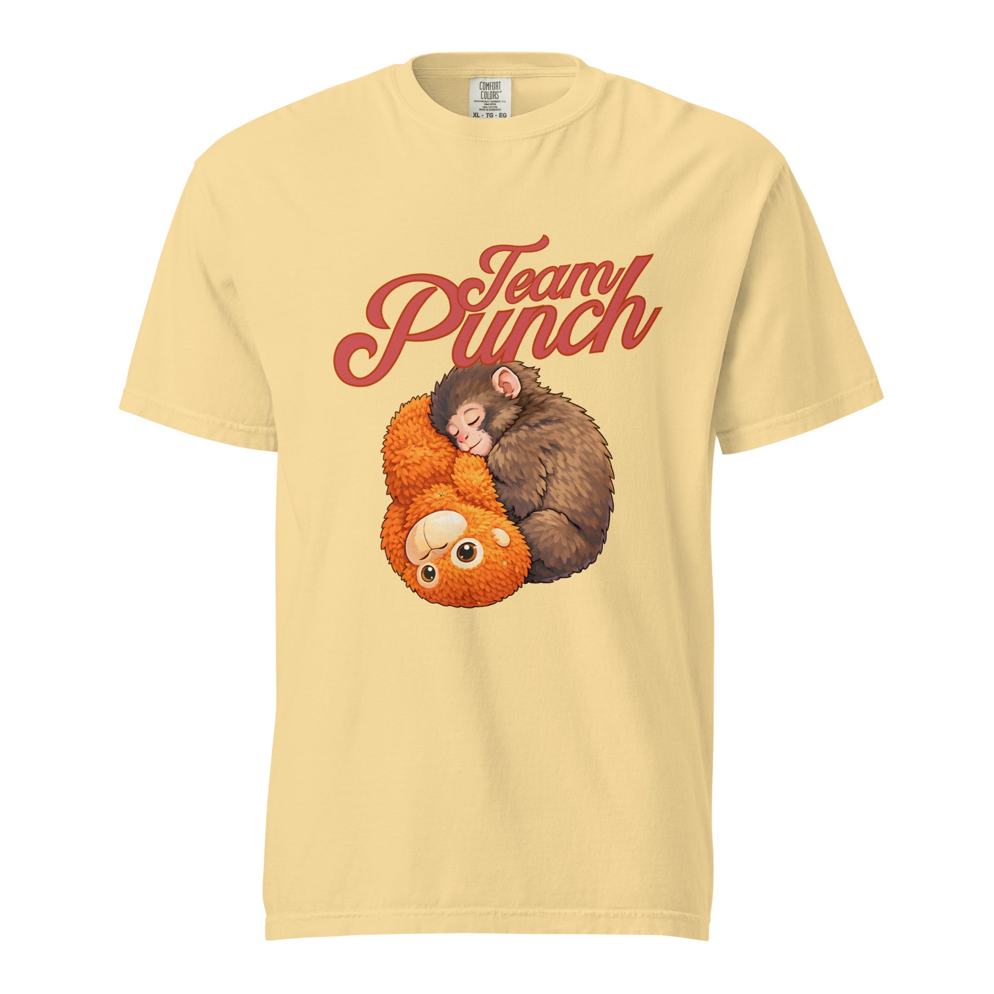 Yellow t-shirt with cartoon monkeys and 'Team Punch' text on a white background