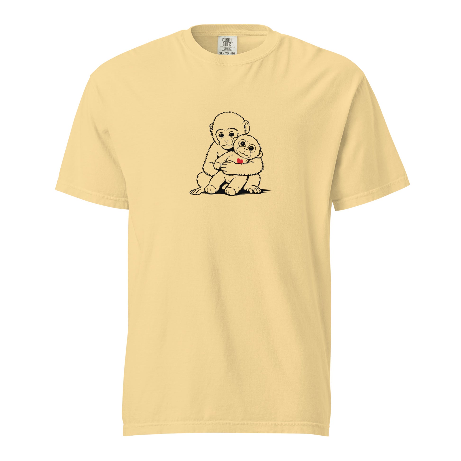 Yellow Monkey Punch minimalist art t-shirt with baby macaque duo graphic - baby macaque punch graphic tee