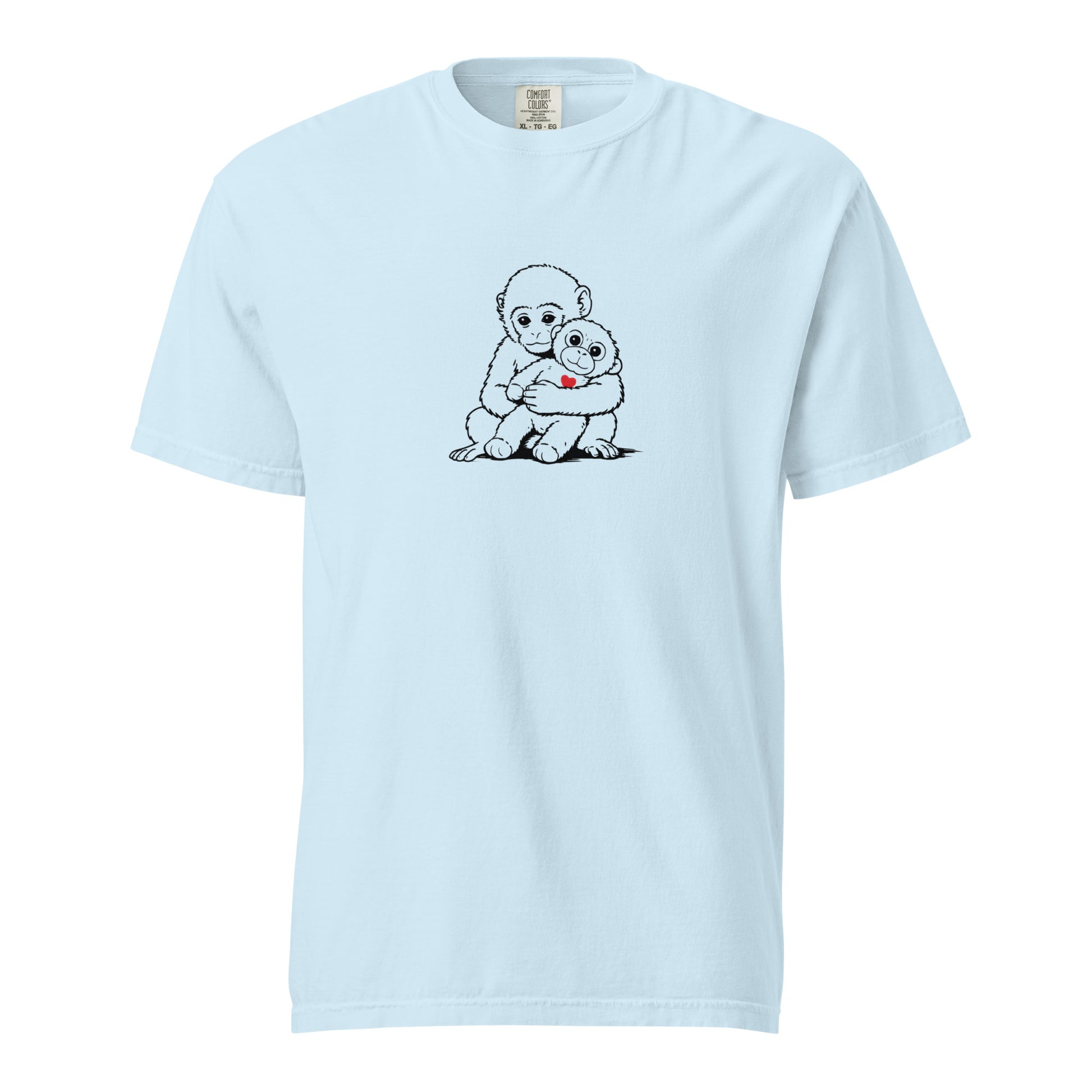 Light blue Monkey Punch minimalist art tee with baby monkeys heart design - viral monkey punch minimalist art
