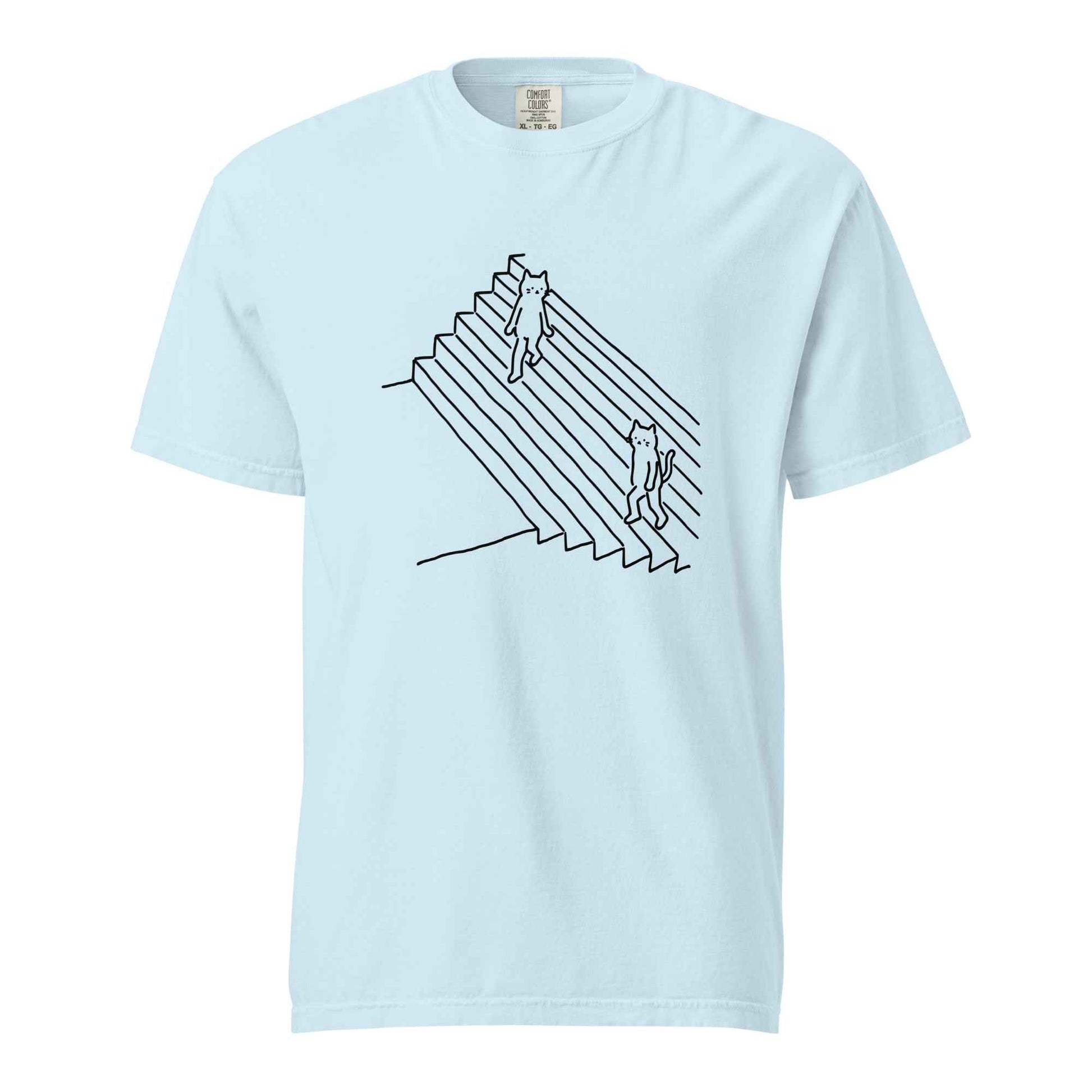 Minimalist Cat T-Shirt, Funny Stairs Line Art Tee