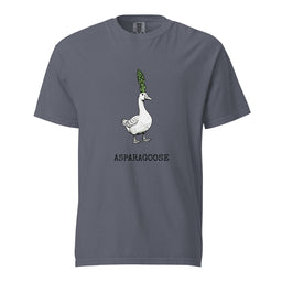 Denim blue Asparagoose hybrid botanical asparagus-goose graphic t-shirt on white background